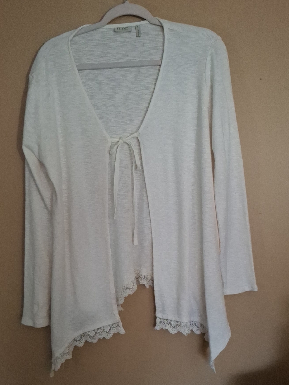 LOGO by Lori Goldstein Cream Tie-Front Cardigan with Lace Hem